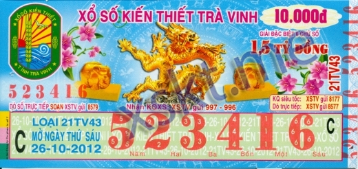 Mẫu vé sô xổ số Trà Vinh ngày 26/10/2012