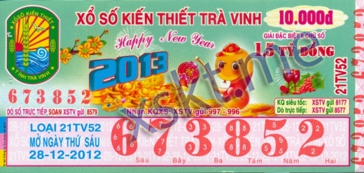 Mẫu vé sô xổ số Trà Vinh ngày 28/12/2012
