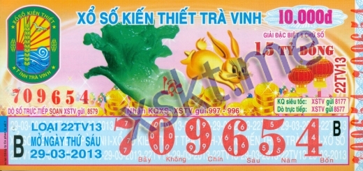 Mẫu vé sô xổ số Trà Vinh ngày 29/3/2013