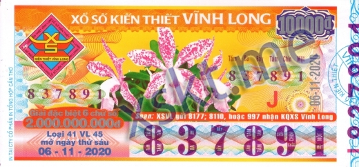 Mẫu vé sô xổ số Vĩnh Long ngày 6/11/2020