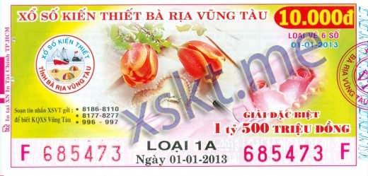 Mẫu vé sô xổ số Vũng Tàu ngày 1/1/2013