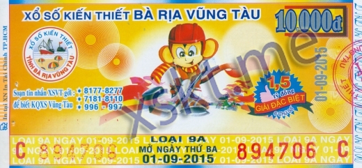 Mẫu vé sô xổ số Vũng Tàu ngày 1/9/2015