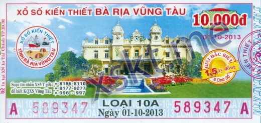 Mẫu vé sô xổ số Vũng Tàu ngày 1/10/2013