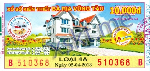 Mẫu vé sô xổ số Vũng Tàu ngày 2/4/2013