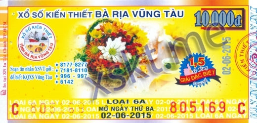 Mẫu vé sô xổ số Vũng Tàu ngày 2/6/2015