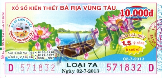 Mẫu vé sô xổ số Vũng Tàu ngày 2/7/2013