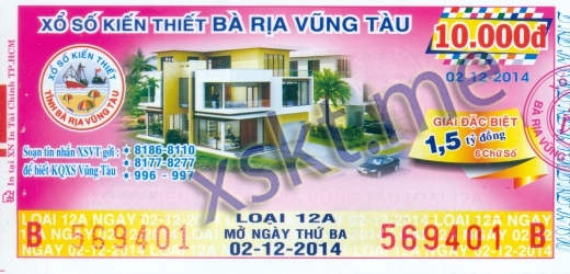 Mẫu vé sô xổ số Vũng Tàu ngày 2/12/2014