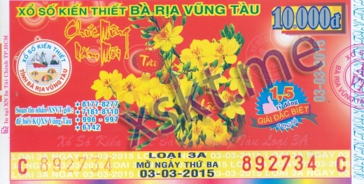 Mẫu vé sô xổ số Vũng Tàu ngày 3/3/2015