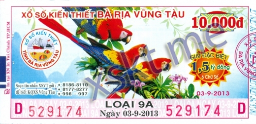 Mẫu vé sô xổ số Vũng Tàu ngày 3/9/2013