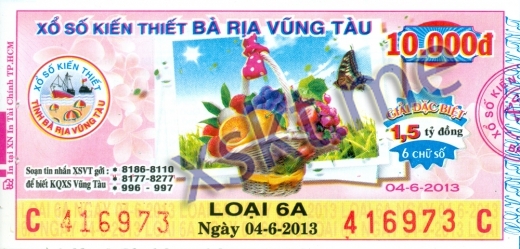 Mẫu vé sô xổ số Vũng Tàu ngày 4/6/2013