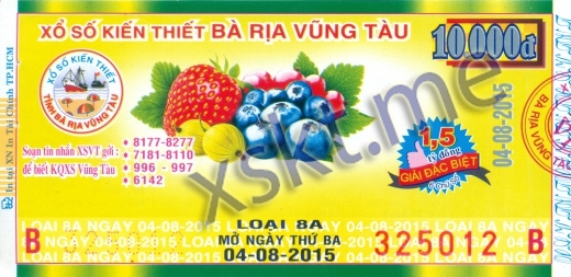 Mẫu vé sô xổ số Vũng Tàu ngày 4/8/2015