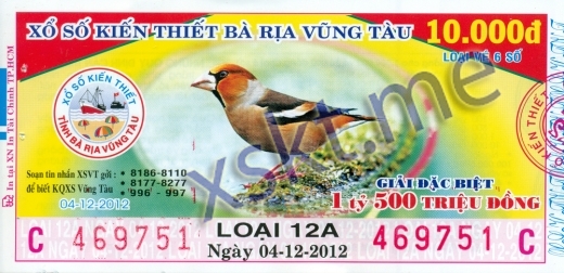Mẫu vé sô xổ số Vũng Tàu ngày 4/12/2012