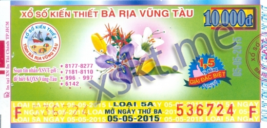 Mẫu vé sô xổ số Vũng Tàu ngày 5/5/2015