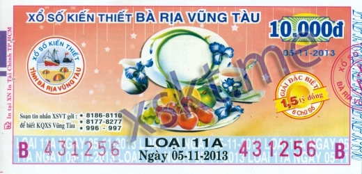 Mẫu vé sô xổ số Vũng Tàu ngày 5/11/2013