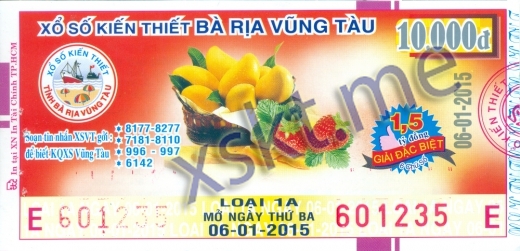 Mẫu vé sô xổ số Vũng Tàu ngày 6/1/2015