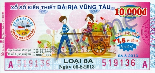 Mẫu vé sô xổ số Vũng Tàu ngày 6/8/2013