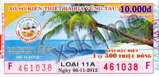 Mẫu vé sô xổ số Vũng Tàu ngày 6/11/2012