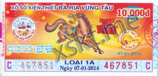 Mẫu vé sô xổ số Vũng Tàu ngày 7/1/2014
