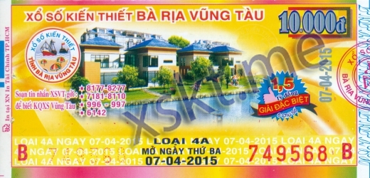 Mẫu vé sô xổ số Vũng Tàu ngày 7/4/2015