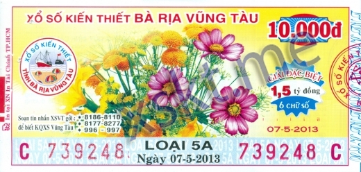 Mẫu vé sô xổ số Vũng Tàu ngày 7/5/2013