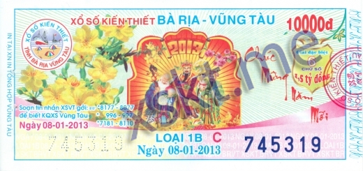 Mẫu vé sô xổ số Vũng Tàu ngày 8/1/2013