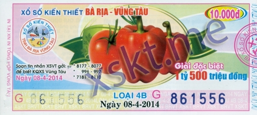 Mẫu vé sô xổ số Vũng Tàu ngày 8/4/2014
