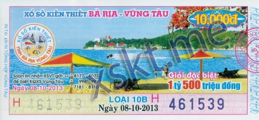 Mẫu vé sô xổ số Vũng Tàu ngày 8/10/2013