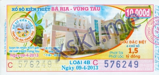 Mẫu vé sô xổ số Vũng Tàu ngày 9/4/2013