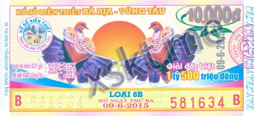 Mẫu vé sô xổ số Vũng Tàu ngày 9/6/2015