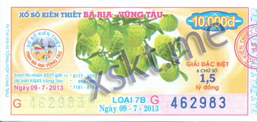 Mẫu vé sô xổ số Vũng Tàu ngày 9/7/2013