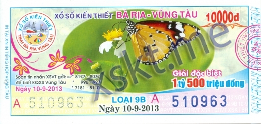 Mẫu vé sô xổ số Vũng Tàu ngày 10/9/2013