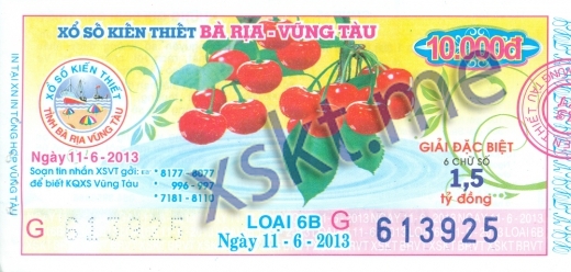 Mẫu vé sô xổ số Vũng Tàu ngày 11/6/2013