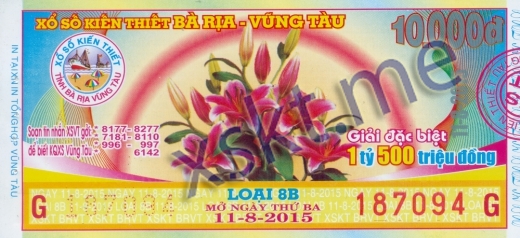Mẫu vé sô xổ số Vũng Tàu ngày 11/8/2015