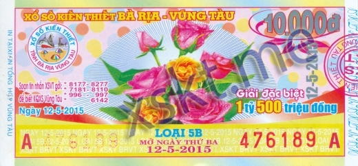 Mẫu vé sô xổ số Vũng Tàu ngày 12/5/2015