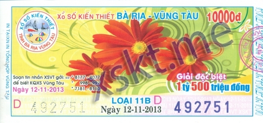 Mẫu vé sô xổ số Vũng Tàu ngày 12/11/2013