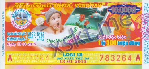 Mẫu vé sô xổ số Vũng Tàu ngày 13/1/2015