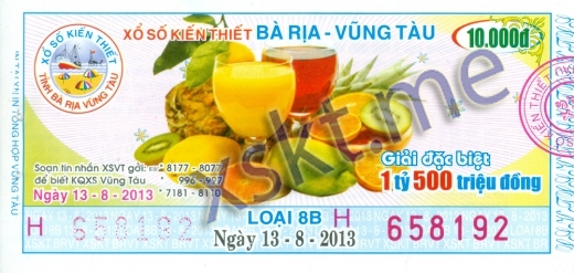 Mẫu vé sô xổ số Vũng Tàu ngày 13/8/2013