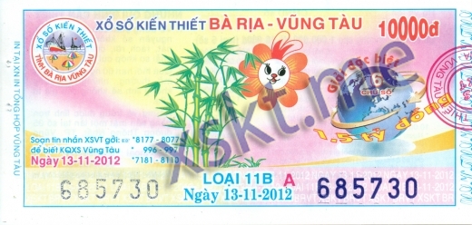 Mẫu vé sô xổ số Vũng Tàu ngày 13/11/2012