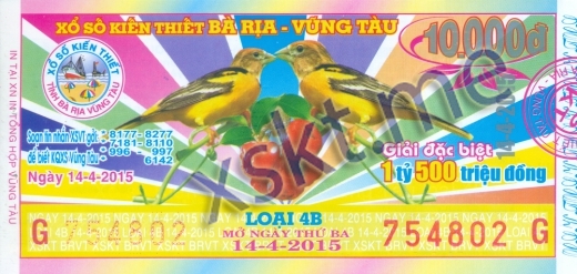 Mẫu vé sô xổ số Vũng Tàu ngày 14/4/2015