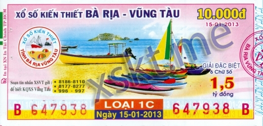 Mẫu vé sô xổ số Vũng Tàu ngày 15/1/2013
