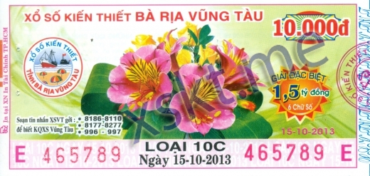 Mẫu vé sô xổ số Vũng Tàu ngày 15/10/2013