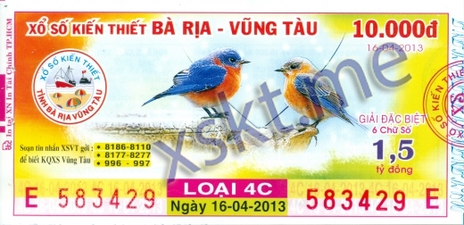 Mẫu vé sô xổ số Vũng Tàu ngày 16/4/2013