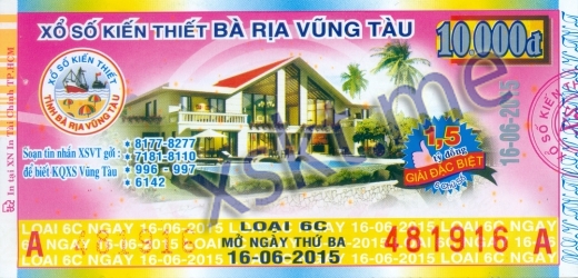 Mẫu vé sô xổ số Vũng Tàu ngày 16/6/2015