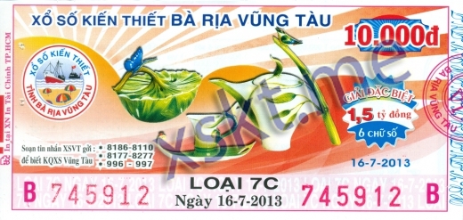 Mẫu vé sô xổ số Vũng Tàu ngày 16/7/2013