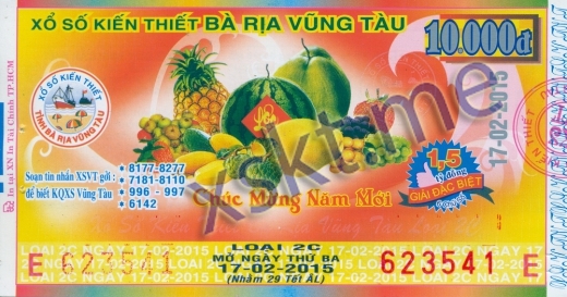 Mẫu vé sô xổ số Vũng Tàu ngày 17/2/2015