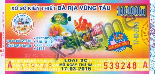 Mẫu vé sô xổ số Vũng Tàu ngày 17/3/2015