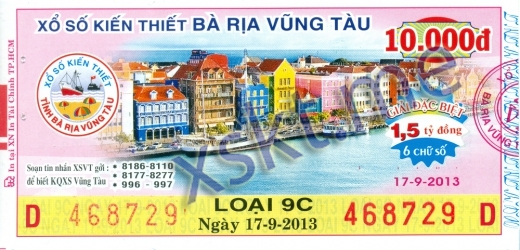 Mẫu vé sô xổ số Vũng Tàu ngày 17/9/2013