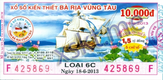 Mẫu vé sô xổ số Vũng Tàu ngày 18/6/2013
