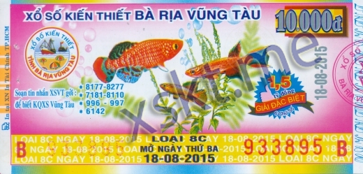 Mẫu vé sô xổ số Vũng Tàu ngày 18/8/2015