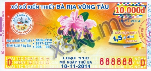 Mẫu vé sô xổ số Vũng Tàu ngày 18/11/2014
